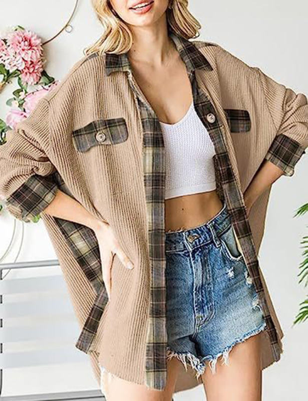 Apricot Spliced Plaid Detail Shirt Jacket with Pocket