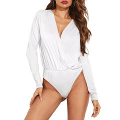 White V Neck Long Sleeve Bodysuit TQX551122-1