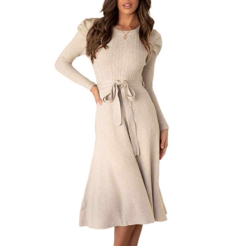 Apricot Knitted Tie Waist Puff Sleeve Sweater Dress