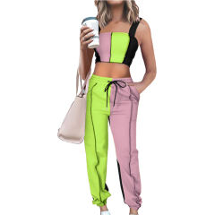 Fluorescent Green Colorblock Crop Tank with Pant Set TQK710340-57