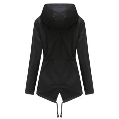 Black Waist Drawstring Hooded Outdoor Rainproof Coat TQK280126-2