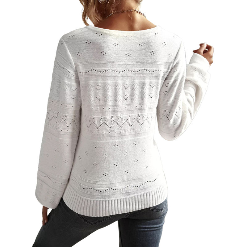 White V Neck Hollow-out Long Sleeve Sweater TQV270058-1