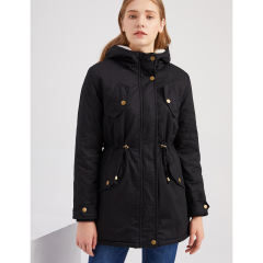 Black Waist Drawstring Plush Hooded Thick Parka Coat TQK280127-2