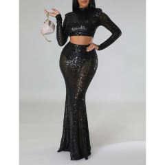 Black Sequined Crop Top with Fishtail Skirt Set TQV810034-2