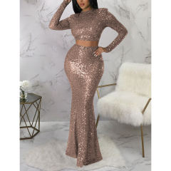 Champagne Sequined Crop Top with Fishtail Skirt Set TQV810034-53