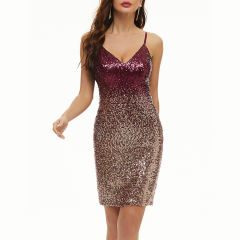 Burgundy Gradient Spaghetti Straps Sequined Evening Dress TQK311108-23