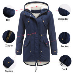 Navy Blue Waist Drawstring Plush Hooded Thick Parka Coat TQK280127-34