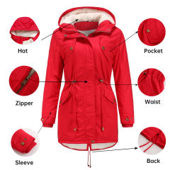Red Waist Drawstring Plush Hooded Thick Parka Coat TQK280127-3