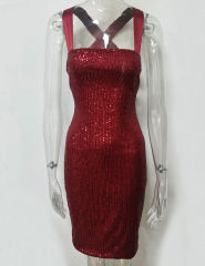 Burgundy Halter Neck Slim Fit Sequined Dress TQK310963-23