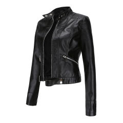 Black PU Stand Collar Short Leather Jacket TQK280124-2