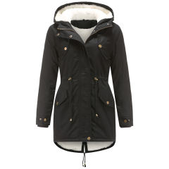 Black Waist Drawstring Plush Hooded Thick Parka Coat TQK280127-2