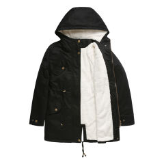 Black Waist Drawstring Plush Hooded Thick Parka Coat TQK280127-2