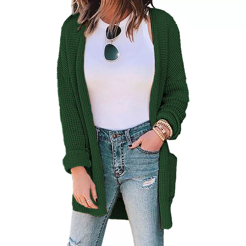 Dark Green Waffle Knit Cardigan with Pockets TQK271081-36