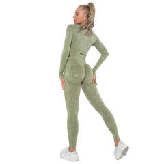 Army Green Nylon Seamless Long Sleeve Pant Yoga Set TQE91361-27