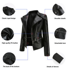 Black Removable Hem Leather PU Leather Jacket TQK280125-2