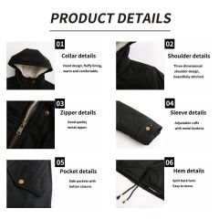 Black Waist Drawstring Plush Hooded Thick Parka Coat TQK280127-2