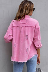 Pink Distressed Flap Pockets Raw Edge Denim Shacket LC788186-10