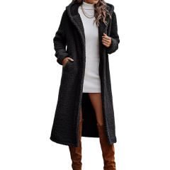 Black Open Front Long Sleeve Hooded Fleece Coat TQK280217-2