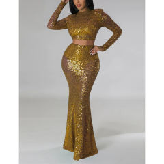 Gold Sequined Crop Top with Fishtail Skirt Set TQV810034-12