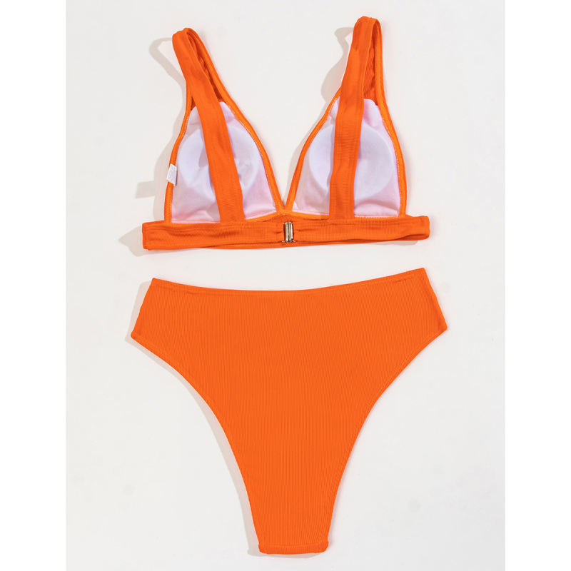 Orange Solid V Neckline 2 Piece Bikini Set TQK610269-14