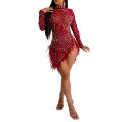Burgundy Rhinestone Beaded Feathers Hem Sheer Mesh Bodycon Dress TQK311310-23