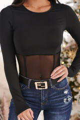 Black Mesh Splicing Long Sleeve Bodysuit LC32877-2