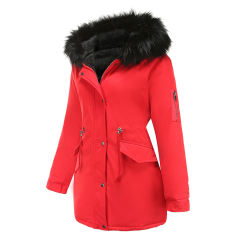 Red Fur Collar Drawstring Waist Warm Hooded Parka Coat TQK280130-3