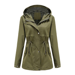 Army Green Waist Drawstring Hooded Outdoor Rainproof Coat TQK280126-27