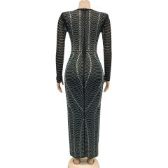 Black Padded Shoulder V Neck Rhinestones Mesh Maxi Dress TQK311225-2