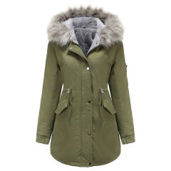 Army Green Fur Collar Drawstring Waist Warm Hooded Parka Coat TQK280130-27