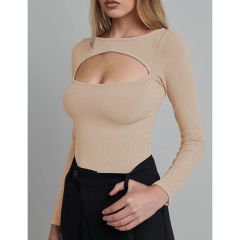 Apricot Ribbed Cut-out Long Sleeve Bodysuit TQV220110-18