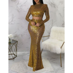 Gold Sequined Crop Top with Fishtail Skirt Set TQV810034-12
