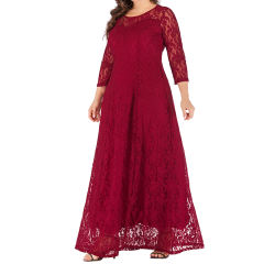 Wine Red 3/4 Sleeve Crew Neck Lace Plus Size Dress TQK310977-23