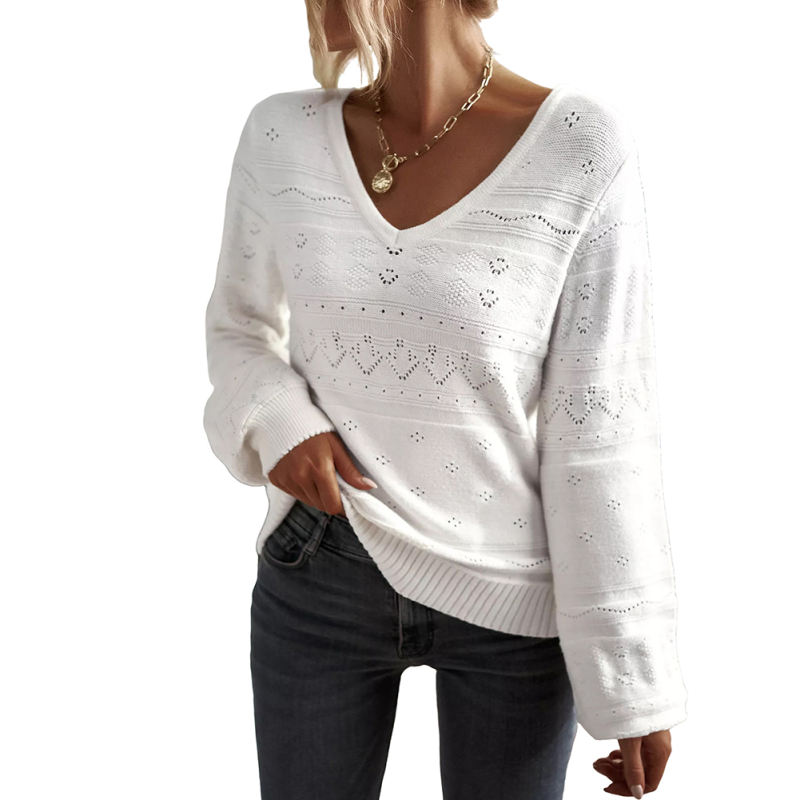 White V Neck Hollow-out Long Sleeve Sweater TQV270058-1