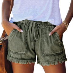 Army Green Pocket Drawstring Denim Shorts TQK530023-27