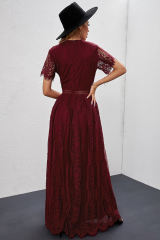 Burgundy Deep V Neck Short Sleeve Lace Maxi Dress LC611316-103