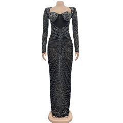 Black Padded Rhinestone Mesh Long Sleeve Maxi Dress TQK311267-2