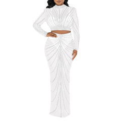 White Rhinestones Long Sleeve Crop with Maxi Skirt Set TQV810029-1