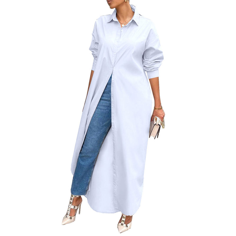 White Long Sleeve Buttoned Maxi Shirt Dress TQK311304-1