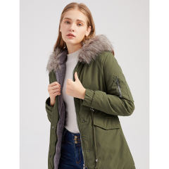 Army Green Fur Collar Drawstring Waist Warm Hooded Parka Coat TQK280130-27