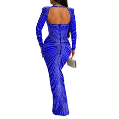 Blue Padded Rhinestone Mesh Long Sleeve Maxi Dress TQK311267-5