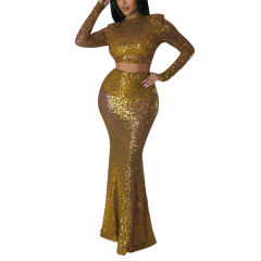 Gold Sequined Crop Top with Fishtail Skirt Set TQV810034-12