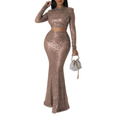 Champagne Sequined Crop Top with Fishtail Skirt Set TQV810034-53