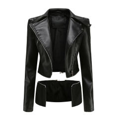 Black Removable Hem Leather PU Leather Jacket TQK280125-2