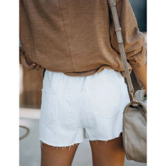 White Ripped Elastic Waist Denim Shorts TQK530090-1