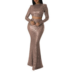 Champagne Sequined Crop Top with Fishtail Skirt Set TQV810034-53