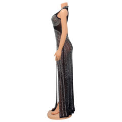 Black Rhinestones Mesh Stand Neck Party Dress TQK311258-2