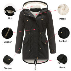 Black Waist Drawstring Plush Hooded Thick Parka Coat TQK280127-2