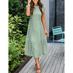 Light Green Ruffled Sleeve Pleated Layered Casual Dress TQV310008-28