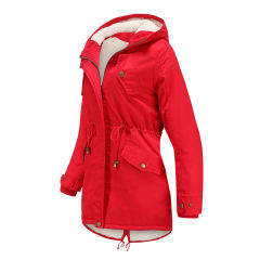 Red Waist Drawstring Plush Hooded Thick Parka Coat TQK280127-3
